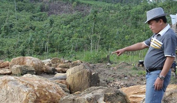 Bupati Merangin Al Haris menunjukkan nongkahan batu Sungkai yang menjadi ciri khas Kabupaten Merangin