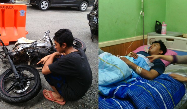 Kondisi motor yang dibakar dan korban pengeroyokan yang dirawat dirumah sakit