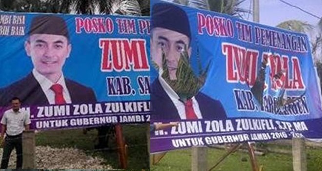 Baleho milik Cagub Zumi Zola sebelum dan sesudah dirusak orang tak dikenal di Sarolangun