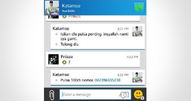 Screenshot Blackberry Mesengger milik Wakil Bupati Tanjung Jabung Barat, Katamso.