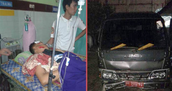 (Kiri) Korban Tabrakan, Parlindungan Naibaho, Guru SMP Negeri 4 Siau, (Kanan) Mobil operasional DPRD Merangin, jenis Isuzu Elf BH 7002 FZ.