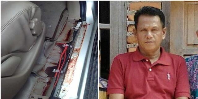 Bercak darah di dalam mobil milik Kades Muara Kilis Ali Kasim (kiri). Kades Muara Kilis Ali Kasim (kanan)