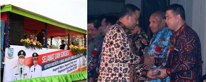 Penghargaan untuk Pemkot Jambi diarak keliling Kota Jambi (kiri). (kanan) Wako menerima anugerah Ki Hajar Award dari Mendikbud RI