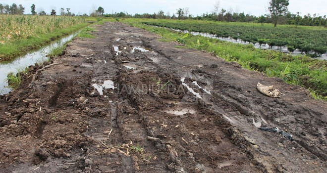 Jalan desa Muntialo Tanjab Barat sekitar 4 Km rusak parah.