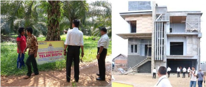 Dua dari enam aset Diding yang terdiri dari kebun kelapa sawit dan rumah yang disita polisi.