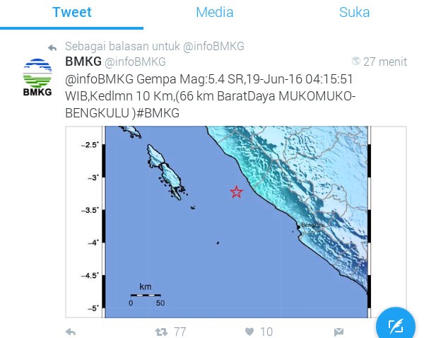 Gempa bumi terjadi di Muko-muko Bengkulu pagi ini (19/6)