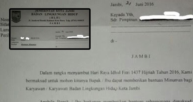 Surat meminta THR, Badan Lingkungan Hidup (BLH) Kota Jambi.
