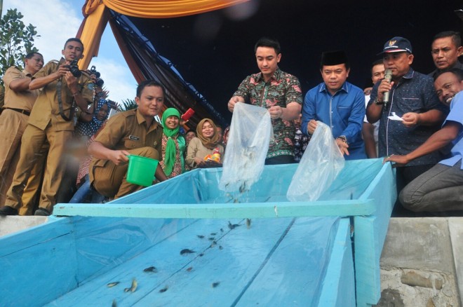 Gubernur Jambi, Zumi Zola didampingi bupati Al Haris saat pelepasan benih ikan di Dam Kutur Merangin, Selasa (12/7).