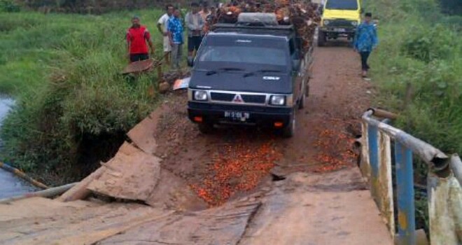 Jembatan buaya Desa Catur Rahayu yang terperosok.