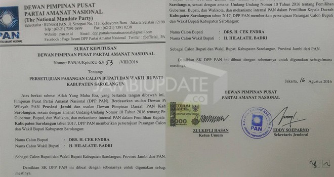 Surat Keputusan DPP PAN mendukung Cek Endra-Hilal di Pilkada Sarolangun