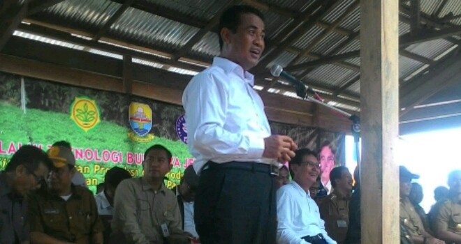 Mentan dihadapan sejumlah petani Desa Simpang Kecamatan Berbak.