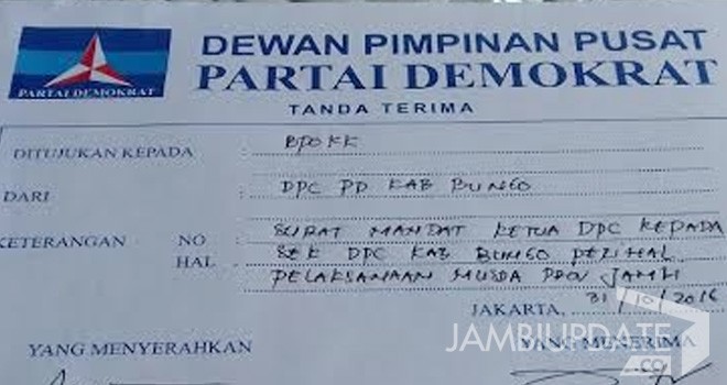 Surat mandat dari Sudirman Zaini ke Ishamuddin untuk Musda DPD Demokrat Provinsi Jambi.