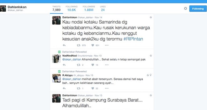 Postingan twitter mantan Menteri BUMN Dahlan Iskan yang sangat bersedih dan mengecam aksi teror di depan Gereja Oikumene, Minggu (13/11)