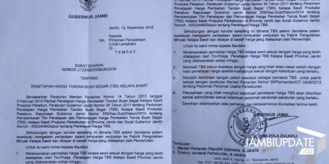 Surat Edaran penetepan harga TBS kelapa sawit di Provinsi Jambi.