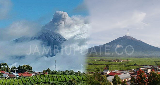 Terlihat Gunung Kerinci membubungkan abu setinggi 500-600 meter dari permukaan kawah. Foto : RIdwan JE/IST 