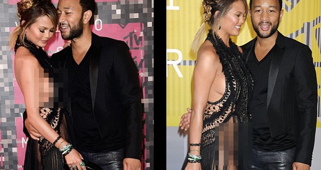 Model Chrissy Teigen tampil dengan gaun super seksi saat menemani suaminya, John legend. Foto : Net