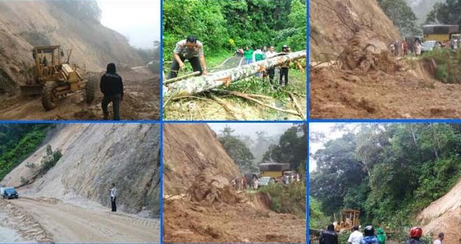 Terlihat alat berat membersihkan jalan yang tertimbun akibat longsor di jalan sungaipenuh-tapan.