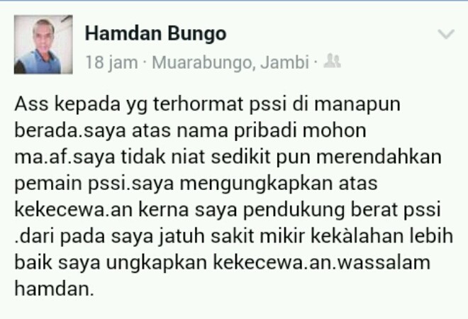 Status permintaan maaf dari Hamdan kepada PSSI.
