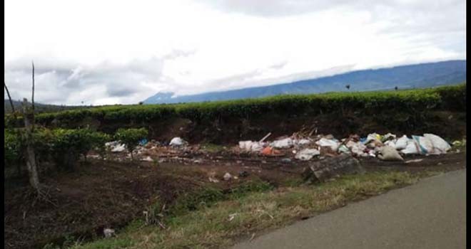 Sampah menumpuk di area perkebunan teh.