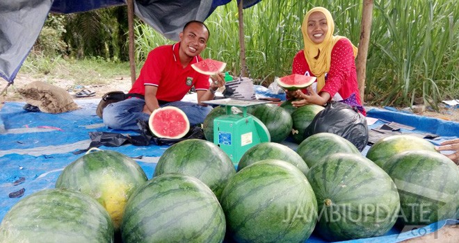 Pasangan Muhamad Sodik Riono (28) dan Ria Rosiani (22) petani semangka unit tujuh Kecamatan Pelepat ilir.