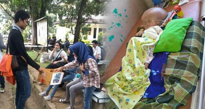 Terlihat IMKS Jambi (kiri) menggelar penggalangan dana untuk membantu Ilham (kanan) yang menderita penyakit Hydrocephalus atau pembengkakan cairan di kepala.