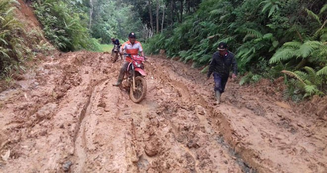 Terlihat jalan di di kawasan Kecamatan Pauh, Sarolangun yang rusak parah.