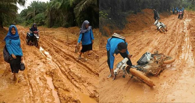 Tampak perjuangan siswa/i di Sungai Bahar untuk pergi sekolah dengan jalan yang berlumpur.