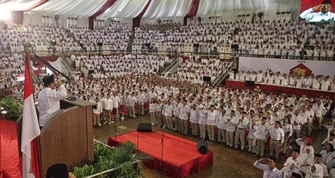 Rakornas Gerindra di Padepokan pencak silat Taman Mini Jakarta Timur, minggu (16/4) kemarin.