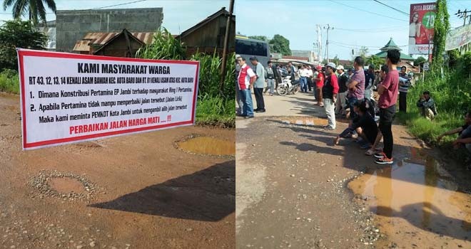 Warga di Kelurahan Kenali Asam Bawah dan Kenali Asam Atas blokir jalan perempatan Kenali Asam Bawah (17/4).