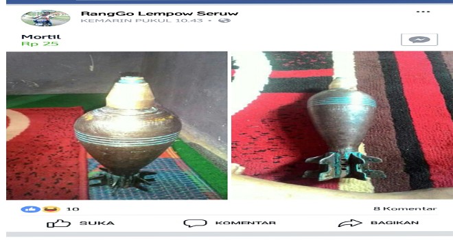 Temuan Mortir yang Diposting Akun FB Ranggo Lempow Seruw di Grup Jual Beli.