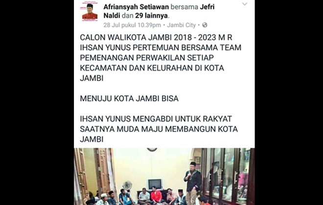 Postingan Afriansyah menyebutkan bahwa Ihsan Yunus tengah bersosialisasi dengan warga kota Jambi.