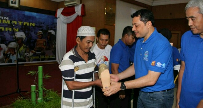 Acara video conference pencanaganan tahun keselamatan untuk lemanusiaan di Gedung Siginjai, Mapolda Jambi.