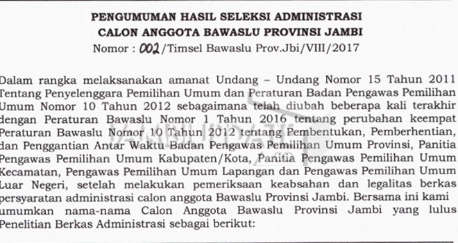 Surat hasil pengumuman seleksi administrasi calon anggota bawaslu provinsi jambi.