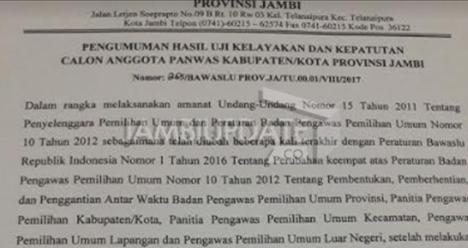 Surat pengumuman hasil uji kelayakan dan keputusan calon anggota panwas kabupaten/kota provinsi jambi.