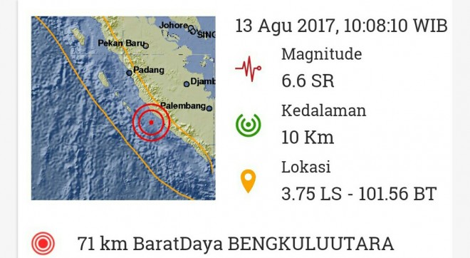 Gempa berkekuatan 6.6 SR, di 71 km Barat Daya Bengkulu Utara.