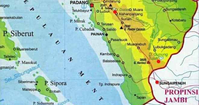 Terlihat pada peta, Gunung Kerinci dan Danau Gunung Tujuh termasuk ke wilayah Provinsi Sumatera Barat. Foto: Ist