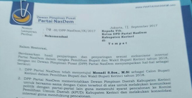 SK dukungan NasDem untuk Pilkada Kerinci 2018.