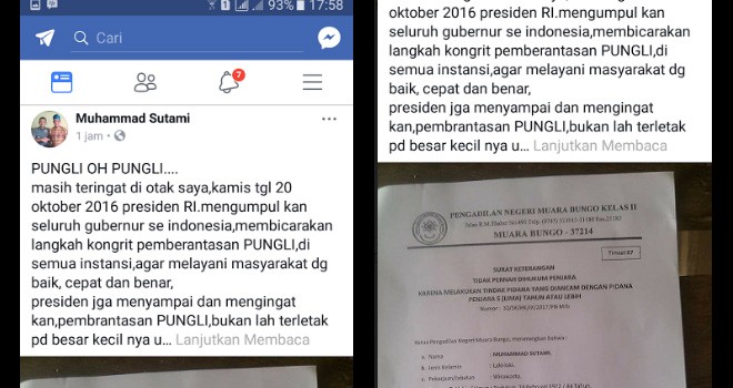 Screanshot postingan di salah satu halaman facebook milik korbannya Muhammad Sutami.
