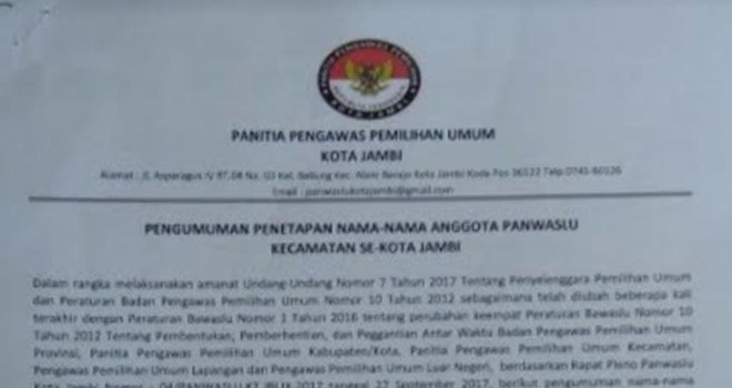Surat penetapan nama nama anggota panswaslu kecamatan Kota Jambi.