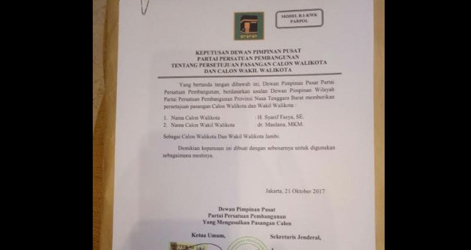 PPP Resmi Dukungan Fasha di Pilwako Jambi.