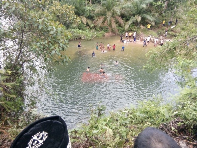 Mobil Kepala Dinas Satpol PP dan Pemadam Kabakaran Kabupaten Bungo, terjun ke lubuk larangan panjang Sungai Batang Bungo. 