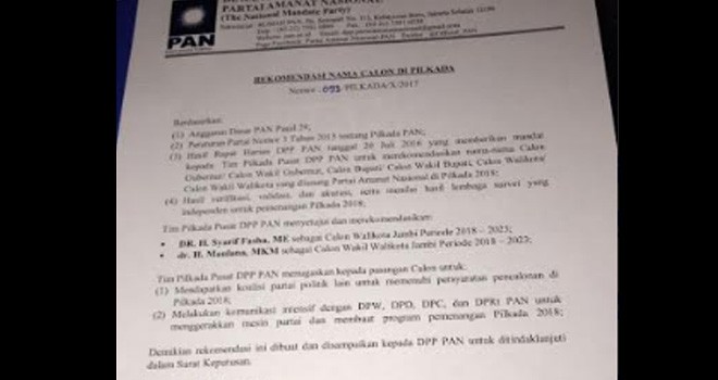 Surat Dukungan PAN di Pilwako Jambi Milik Sy Fasha-Maulana.