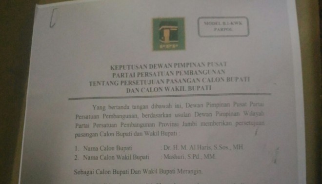 PPP Sandingkan Al Haris-Mashuri di Pilkada Merangin.