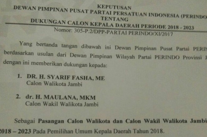 Pilwako Jambi 2018, Perindo Merapat ke Pasangan Sy Fasha-Maulana.