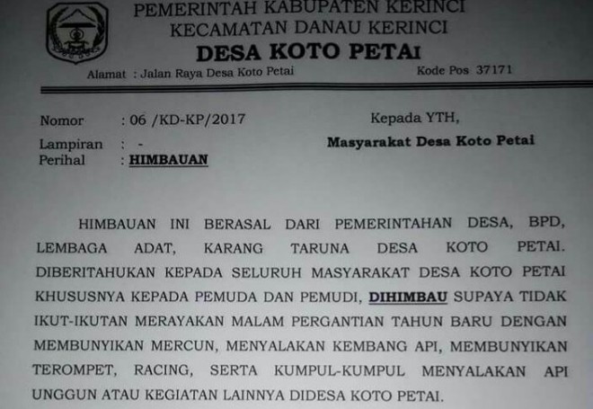 Surah himbauan desa koto petai. 