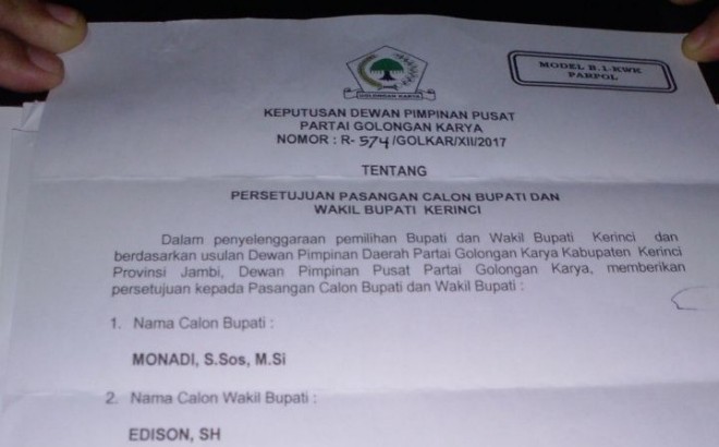 Monadi Resmi Kantongi SK Dukungan Golkar.