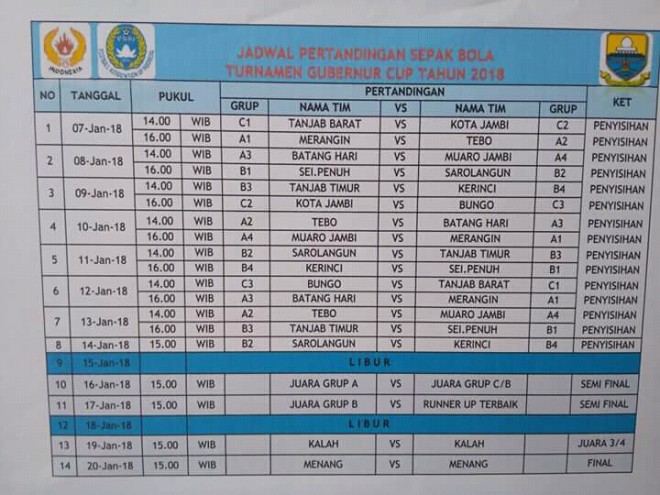 Jadwal Lengkap Gubernur Cup 2018.