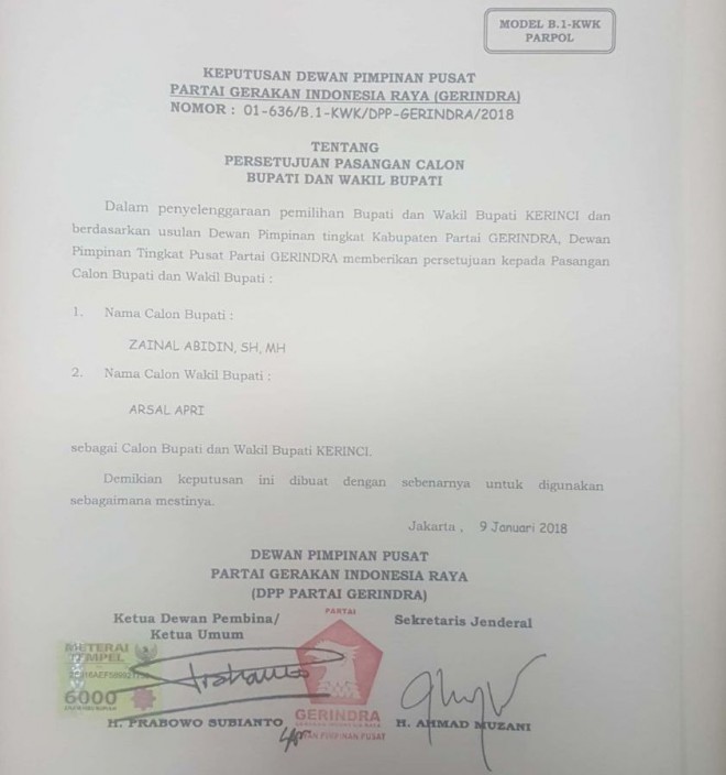 Surat rekomendasi Gerindra yang diterima jambiupdate.co dari Cabup Kerinci Zainal Abidin