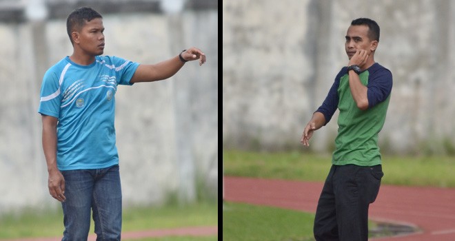 Pelatih PS Kerinci Dartoni dan Pelatih PS Tanjab Barat Akhyar Selamat