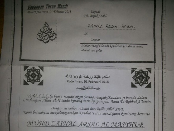 Undangan turun mandi seorang bayi yang baru lahir di Kerinci dan diberi nama Muhammad Zainal Arsal Almasyhur